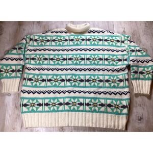 American Eagle Teal Cream Fair Isle Turtleneck Sweater Mens Large Chunky Knit